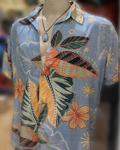 CAMISA DE VISCOSE DIGITAL ESTAMPA TROPICAL AZUL