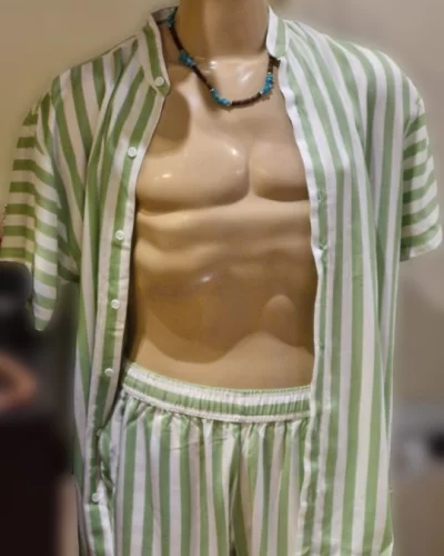 Camisa de Viscose Digital listrada em verde e branco